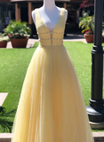 Yellow v neck tulle long prom dress, yellow evening dress HZ1023