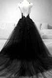 Black v neck lace long prom dress A line evening dress HZ1023