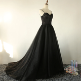 Elegant Black Straps Tulle Sweetheart Prom Dress, Black Party Dress HZ1023