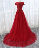 Elegant Cap Sleeve Lace Applique Tulle Party Dress Prom Gowns HZ1023