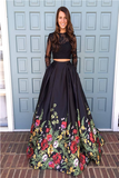 A line Two Piece Black Long Sleeve Prom Dress With Floral Print Skirt Evening Dresses HZ1023