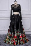 A line Two Piece Black Long Sleeve Prom Dress With Floral Print Skirt Evening Dresses HZ1023