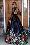 A line Two Piece Black Long Sleeve Prom Dress With Floral Print Skirt Evening Dresses HZ1023
