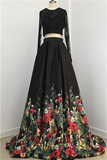 A line Two Piece Black Long Sleeve Prom Dress With Floral Print Skirt Evening Dresses HZ1023