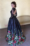 A line Two Piece Black Long Sleeve Prom Dress With Floral Print Skirt Evening Dresses HZ1023