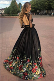 A line Two Piece Black Long Sleeve Prom Dress With Floral Print Skirt Evening Dresses HZ1023