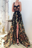 Black slit evening dress Floral Prints Prom Dresses HZ1023