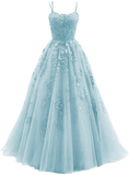 Blue tulle long A line prom dress lace evening dress HZ1023