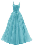 Blue tulle long A line prom dress lace evening dress HZ1023