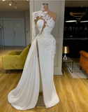 Exquisite Lace White Prom Dresses High Neck One Shoulder Long Sleeve Formal Evening Gowns Side Split Robes De Mari¨¦e HZ1023