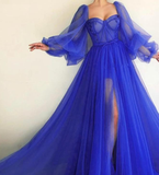 Tulle Evening Dress, Long Sleeves Long Prom Dress HZ1023