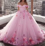 Off Shoulder Tulle Ball Gown Wedding Dresses Floral Flowers Beaded HZ1023