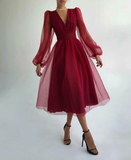Charming Puffy Long Sleeve Burgundy Tea Length Long Prom Dress/Evening Gown HZ1023