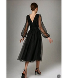 Charming Puffy Long Sleeve Burgundy Tea Length Long Prom Dress/Evening Gown HZ1023