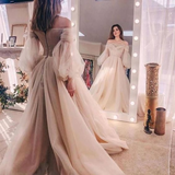 champagne prom dresses long sleeve a line tulle off the shoulder crystal evening dresses HZ1023