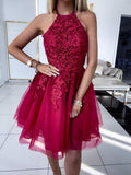 Halter Neck Backless Short Burgundy Lace Prom Dresses, Burgundy Lace Homecoming Dress HZ1023