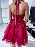 Halter Neck Backless Short Burgundy Lace Prom Dresses, Burgundy Lace Homecoming Dress HZ1023