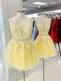 Yellow v neck tulle lace short prom dress, yellow homecoming dress HZ1023