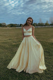 Yellow satin long A line prom dress two pieces evening dress HZ1023