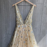 Charming V-neck Floral Long Prom Dress, Evening Dress HZ1023