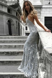 lace up back mermaid silver evening dress prom dress HZ1023