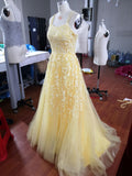 046, Hot Yellow tulle lace long prom dress party HZ1023