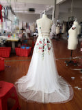 Charming V Neck Floral Embroidery Long Lace Prom Dress with Pocket HZ1023