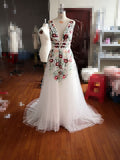 Charming V Neck Floral Embroidery Long Lace Prom Dress with Pocket HZ1023