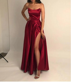 Burgundy A-Line Long Prom Dress with slit, Floor Length Evening Gown HZ1023