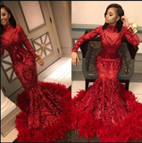 Gorgeous Sparkly Red Mermaid Evening Dresses Sequined with Feathers Long Sleeve African Black Girl Prom Dresses Formal Party Gown HZ1023