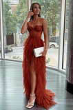 Elegant Rust Tiered Ruffles Tulle Prom Dress HZ1023