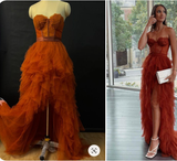 Elegant Rust Tiered Ruffles Tulle Prom Dress HZ1023