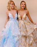 V-neck Metallic Ruffled Tulle Prom Dress HZ1023