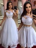 White Lace A Line Tulle Beaded Long Prom Dresses,Two Pieces Homecoming Dresses White Mini Party Gown HZ1023