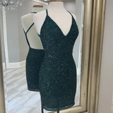 Halter Sequin Sheath Dark Green Homecoming Dress HZ1023
