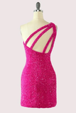 One Shoulder Hot Pink Sequins Tight Party Dress HZ1023