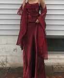 Simple Burgundy A Line Spaghetti Straps Chiffon Satin Long Prom Dress Evening Dress HZ1023