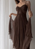 Vintage Brown A Line Spaghetti Strap Beaded Chiffon Long Prom Dress Party Dress HZ1023