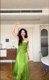 Simple Green A Line Halter Satin Prom Dress Wedding Guest Dress HZ1023
