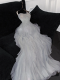 Romantic A Line Strapless Beaded Ruffle Grey Tulle Party Dress Evening Dress HZ1023