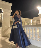 Navy Blue A Line Strapless Satin Prom Dress Evening Dress with Cap HZ1023