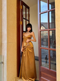 Golden A Line Spaghetti Strap Pleated Velvet Prom Dress Party Dress HZ1023