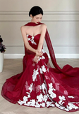 Burgundy Mermaid Sweetheart Neck White Applique Tulle Prom Dress Party Dress HZ1023