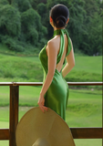 Charming Green Sheath Halter Satin Open Back Prom Dress 21th Birthday Dress HZ1023