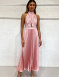 Elegant A Line Halter Light Pink Satin Long Prom Dress Evening Dress HZ1023