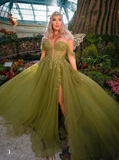 Fairy A Line Off the Shoulder Corset Appliques Green Tulle Prom Dress Evening Dress HZ1023