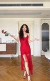 Flowy Red A Line Spaghetti Strap Chiffon Prom Dress Outfits with Slit HZ1023