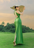 Charming Green Sheath Halter Satin Open Back Prom Dress 21th Birthday Dress HZ1023