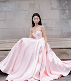 Pink Simple A Line Spaghetti Strap Satin Long Prom Dress 16th Birthday Dress HZ1023