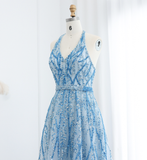 Blue A Line V Neck Sequin Beaded Tulle Long Prom Dress Evening Dress HZ1023